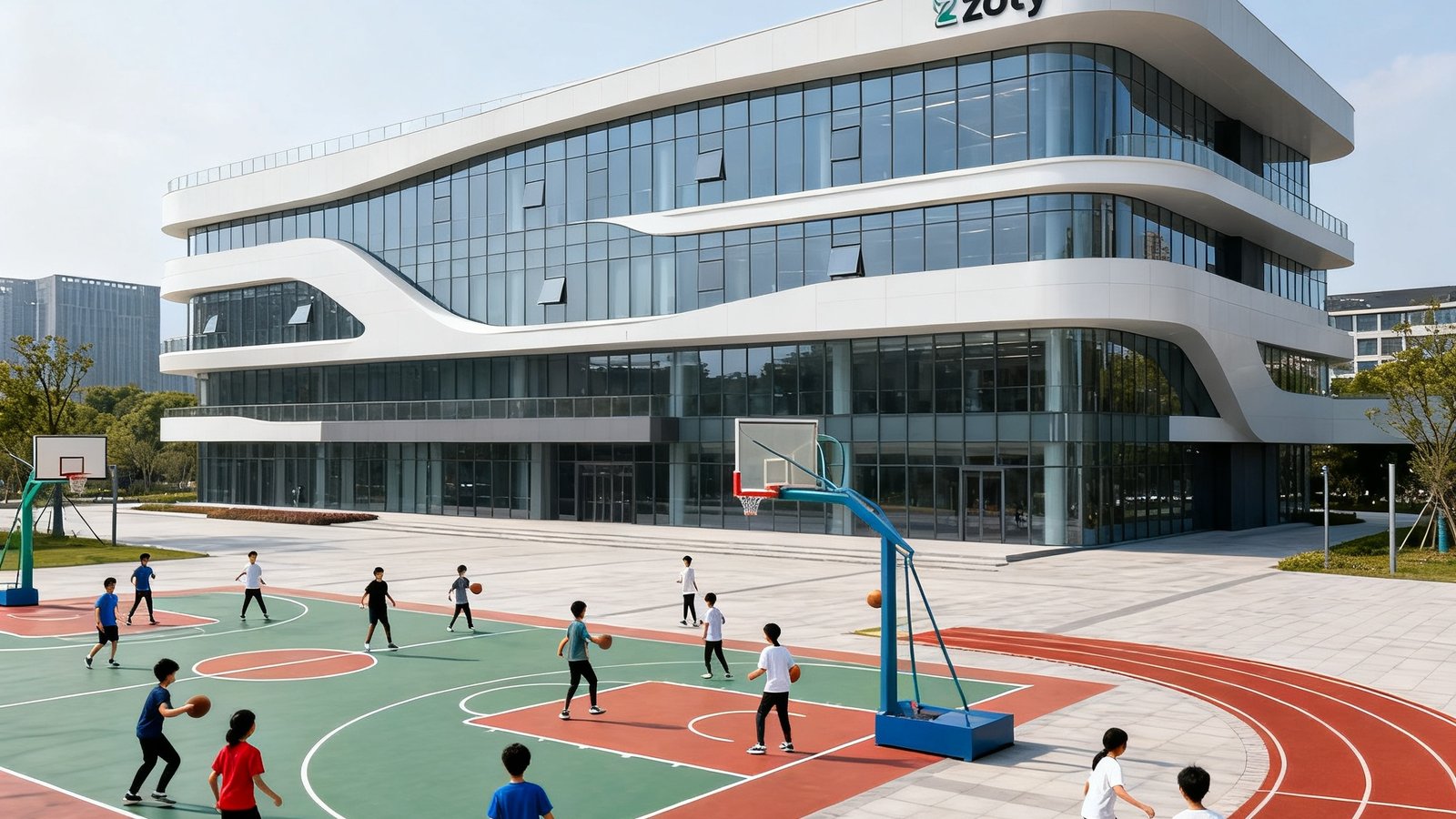 zoty中欧体育位于杭州的总部大楼外观，楼前广场上设有户外篮球场和小型田径跑道，多组学员正在进行课后练习