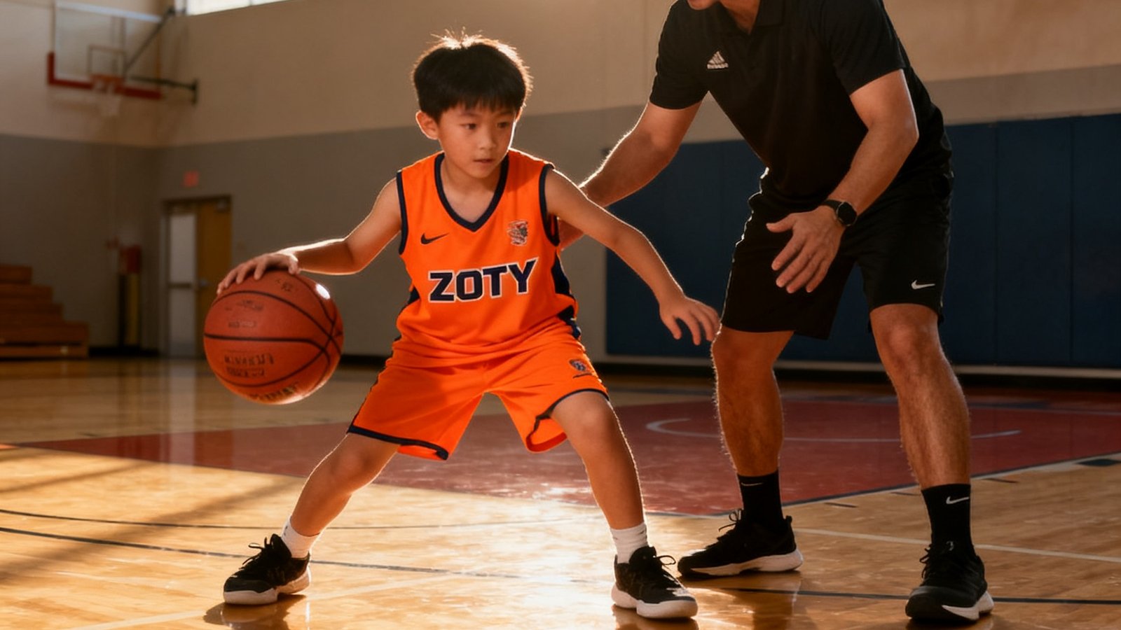 一名10岁男孩在室内篮球馆练习运球突破，身穿zoty体育橙色训练服，教练在旁指导动作细节