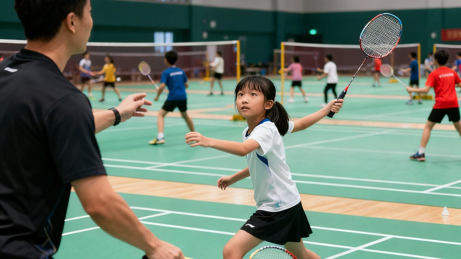 一名12岁女孩在专业羽毛球馆练习高远球挥拍，教练手持球拍示范标准动作，背景可见多片场地同时训练