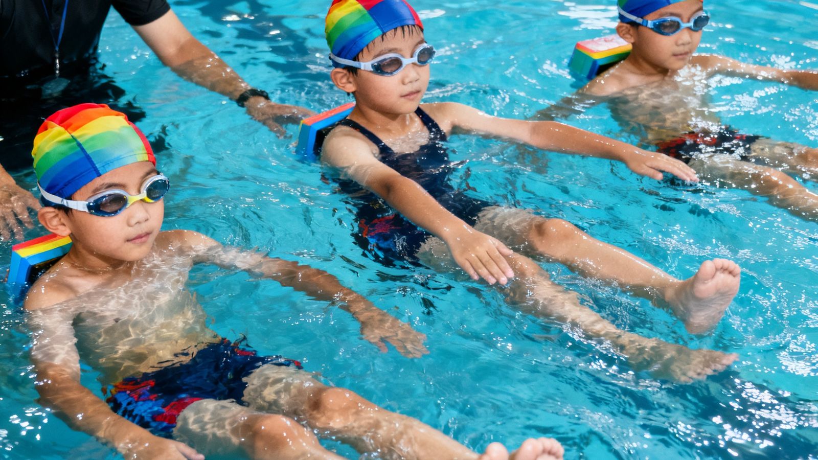 教练在28度恒温泳池中带领3名小学员练习蛙泳蹬腿分解动作，水面清澈，学员佩戴彩色泳帽和护目镜