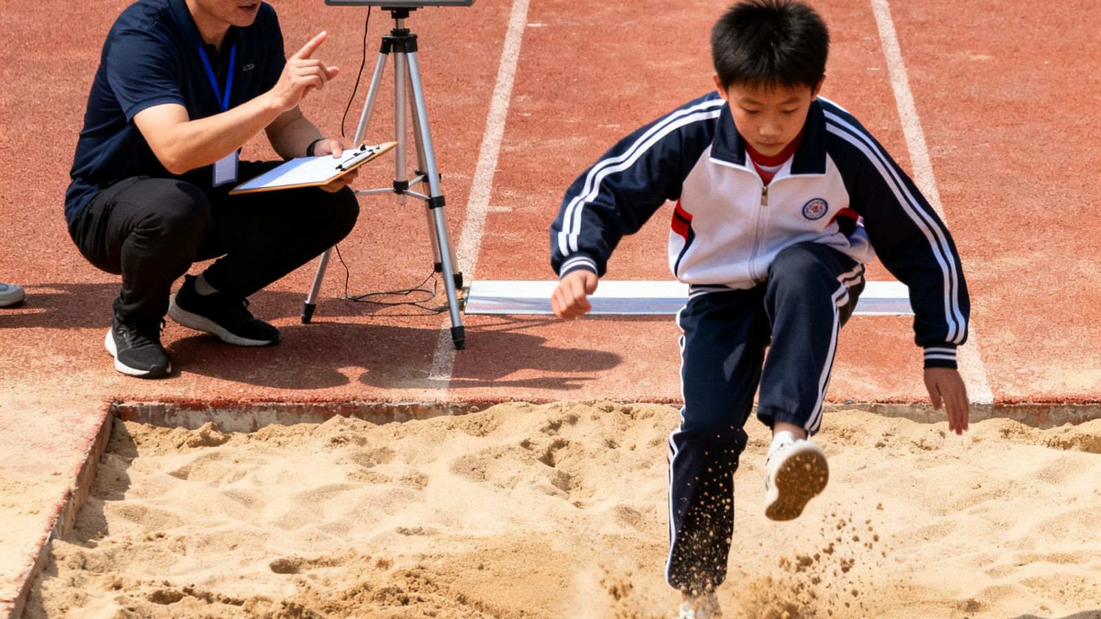 一名初三学生在标准田径场进行立定跳远模拟测试，电子测距仪显示成绩，教练蹲在沙坑旁记录数据并指导起跳角度