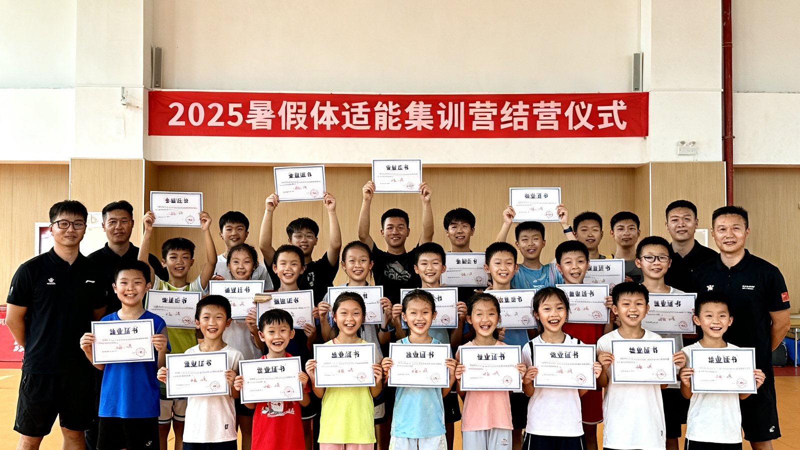 2025年暑假体适能集训营结营仪式上全体学员与教练的大合影，孩子们举着结业证书笑容灿烂