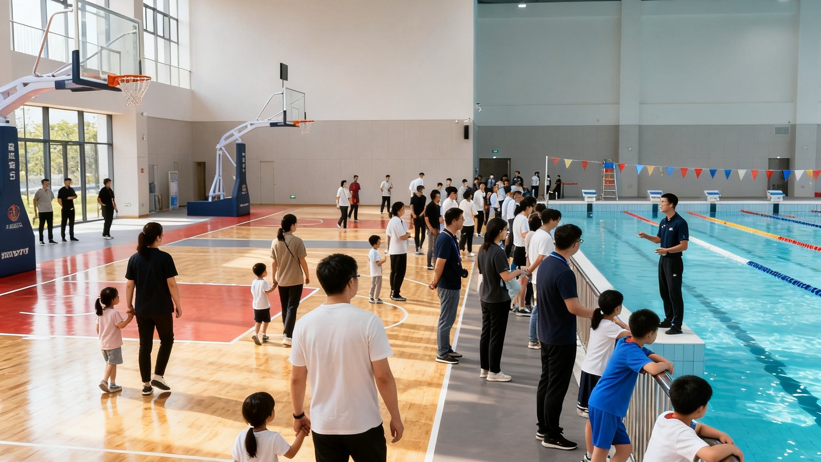 zoty体育宁波鄞州区新训练基地开业日，数十组家庭正在参观篮球馆和游泳馆设施